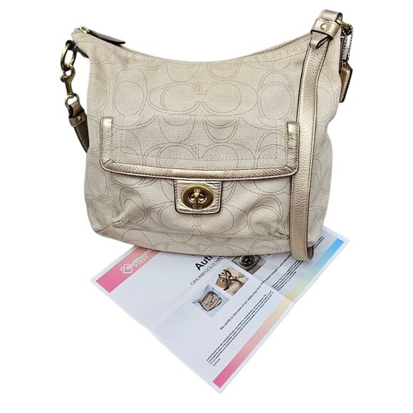 COACH Penelope Linen 2way Strap Turnlock Signature Cream Gold Shoulder Bag COA - Picture 9 of 16
